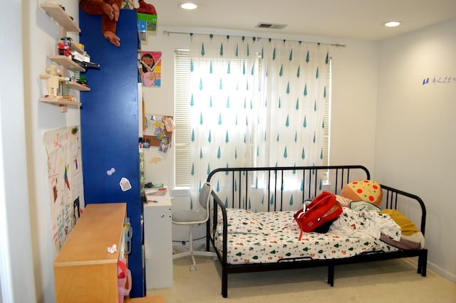 bedroom with carpet flooring, baseboards, visible vents, and recessed lighting