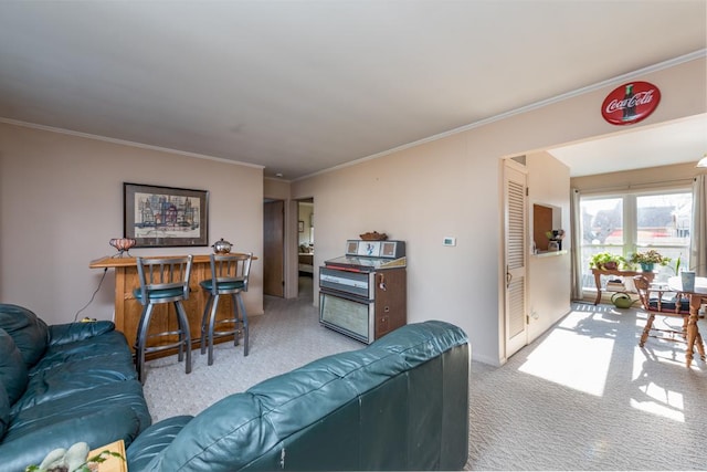 carpeted living area with crown molding