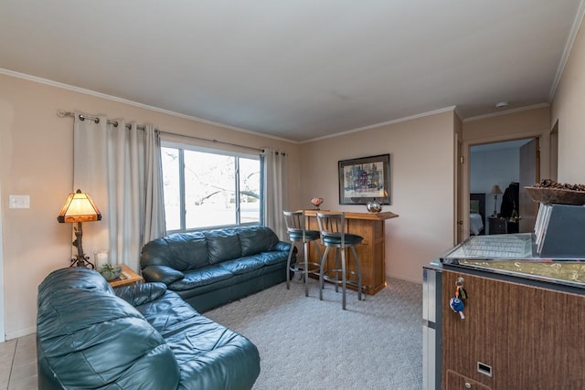 living area featuring light carpet, ornamental molding, and baseboards