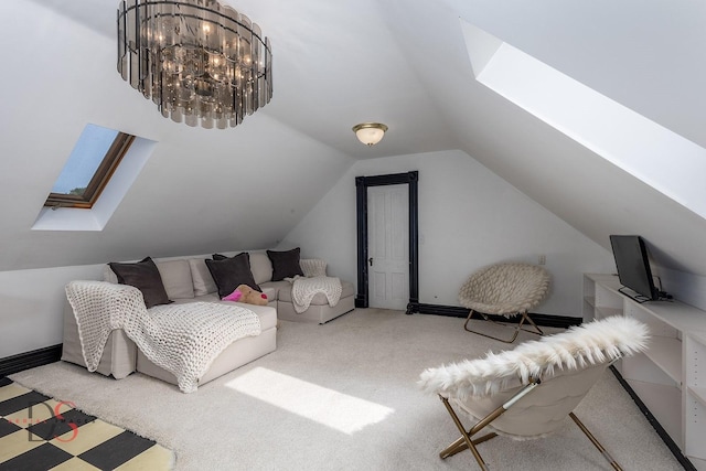 bedroom featuring carpet flooring and lofted ceiling with skylight