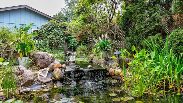 view of yard featuring a small pond