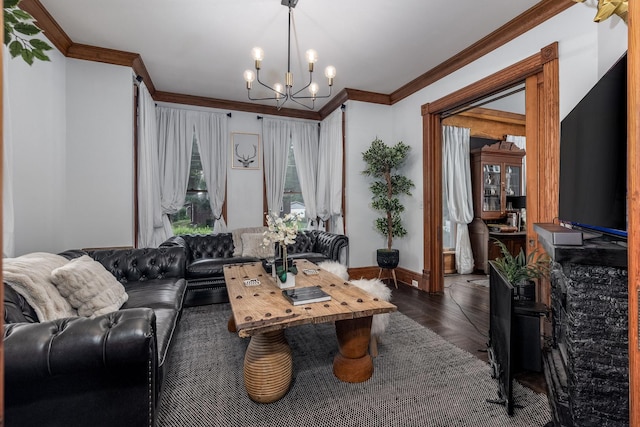 living room with crown molding, dark parquet floors, and a notable chandelier