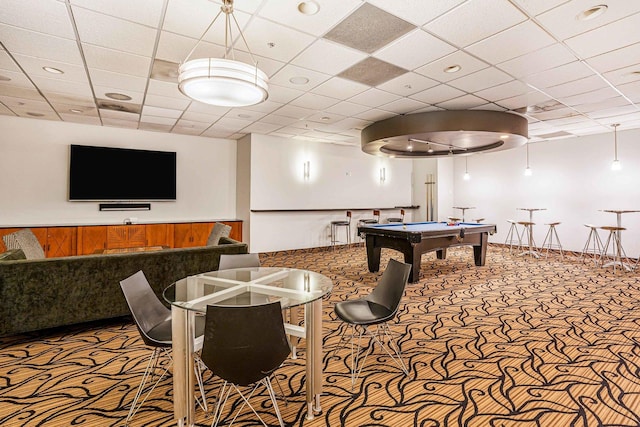 545 N Dearborn St Unit 2709, Chicago, IL 60654 - game room with a wainscoted wall, carpet flooring, wood walls, billiards, and a drop ceiling