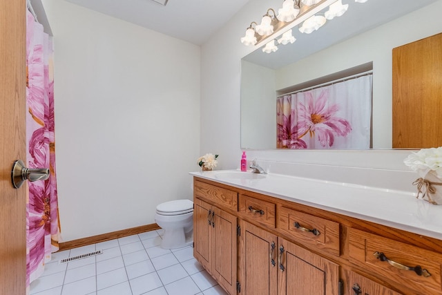 full bathroom with toilet, visible vents, baseboards, vanity, and tile patterned floors