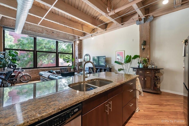 kitchen featuring sink, light hardwood / wood-style flooring, wooden ceiling, dishwasher, and stone counters