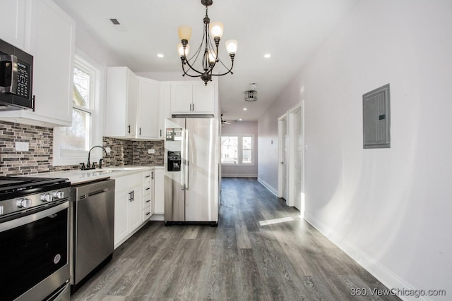 kitchen with hanging light fixtures, stainless steel appliances, electric panel, tasteful backsplash, and white cabinets