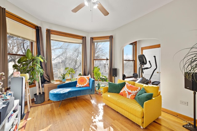 living area with ceiling fan and light hardwood / wood-style flooring