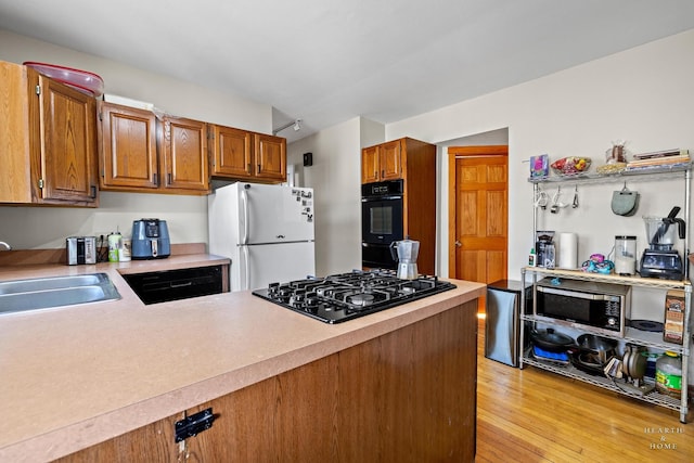 kitchen featuring light hardwood / wood-style floors, sink, and black appliances