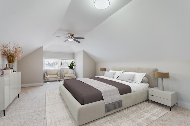 carpeted bedroom featuring vaulted ceiling and ceiling fan