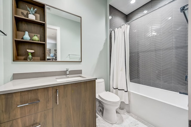 bathroom with visible vents, vanity, toilet, and shower / bath combo with shower curtain