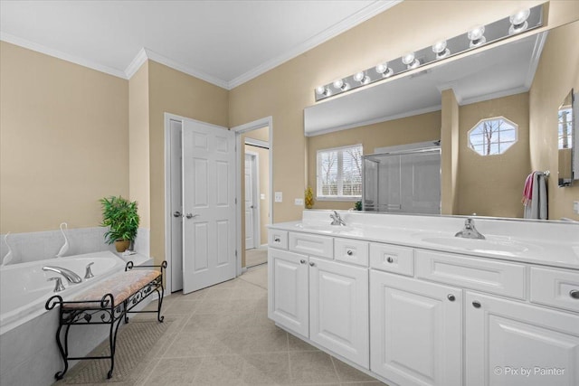 full bathroom featuring a shower stall, double vanity, a sink, and ornamental molding