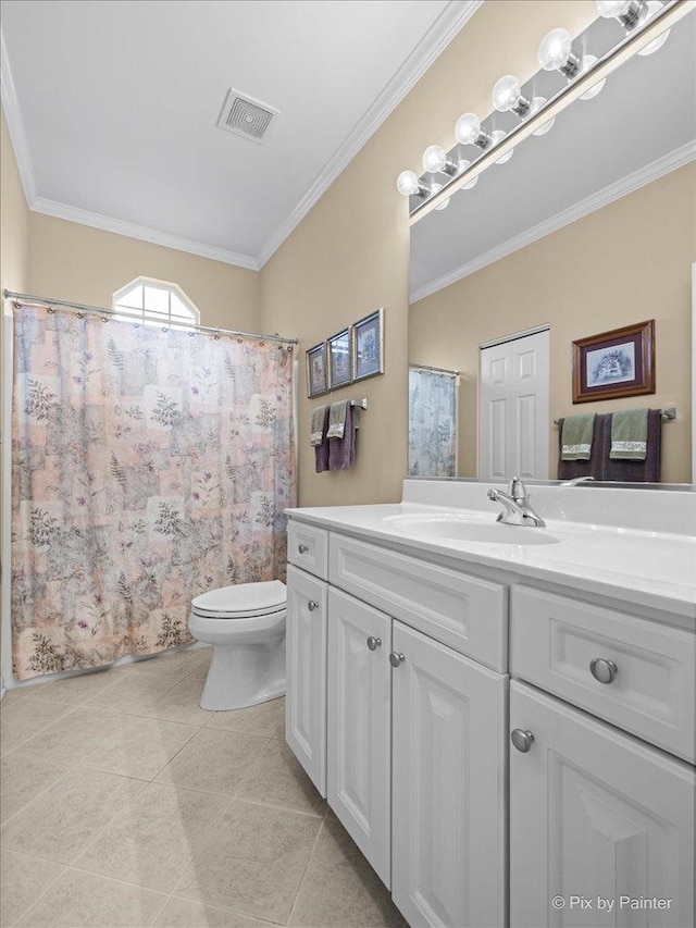 bathroom featuring toilet, ornamental molding, tile patterned flooring, and visible vents