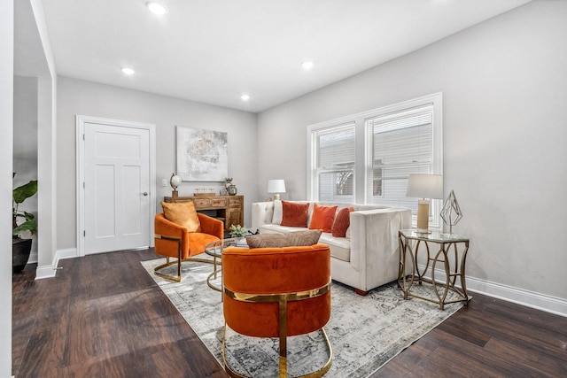 living room with dark hardwood / wood-style floors