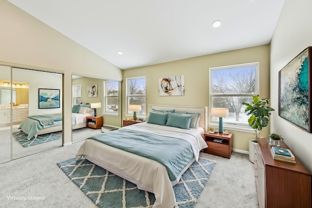 bedroom featuring lofted ceiling, light colored carpet, baseboards, and recessed lighting