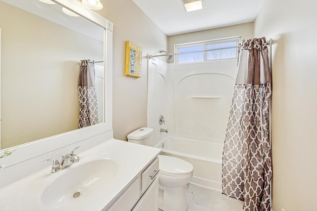 full bathroom with shower / bath combo, marble finish floor, vanity, and toilet