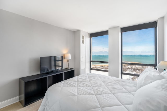 bedroom featuring baseboards, floor to ceiling windows, and light wood-style floors