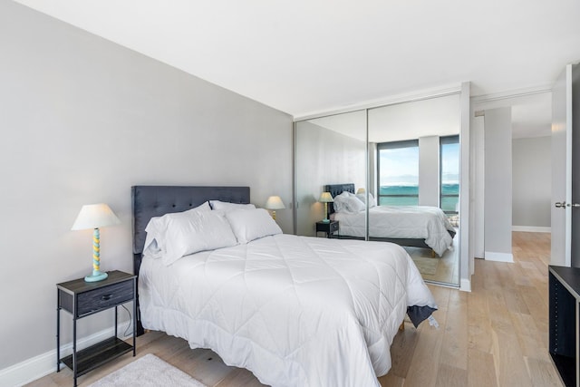 bedroom featuring a closet, baseboards, and wood finished floors