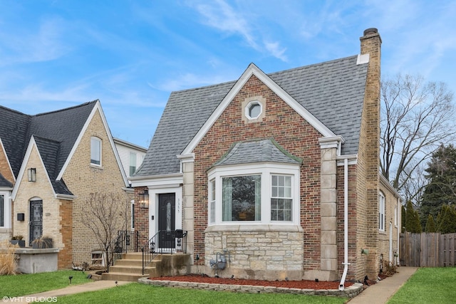 tudor home with brick siding, a chimney, a shingled roof, fence, and stone siding