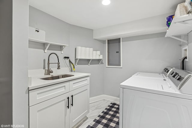 laundry room featuring marble finish floor, washing machine and clothes dryer, a sink, electric panel, and baseboards