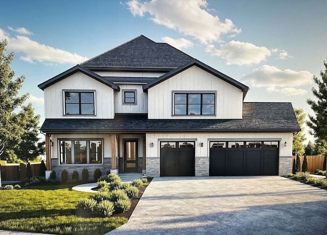 modern inspired farmhouse with a garage and a front yard