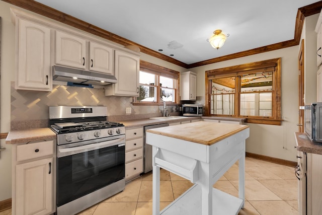 kitchen with tasteful backsplash, ornamental molding, appliances with stainless steel finishes, and sink