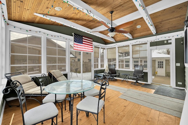 sunroom featuring wood ceiling and ceiling fan