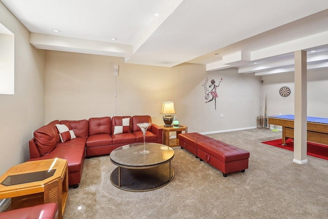 living room with billiards and carpet