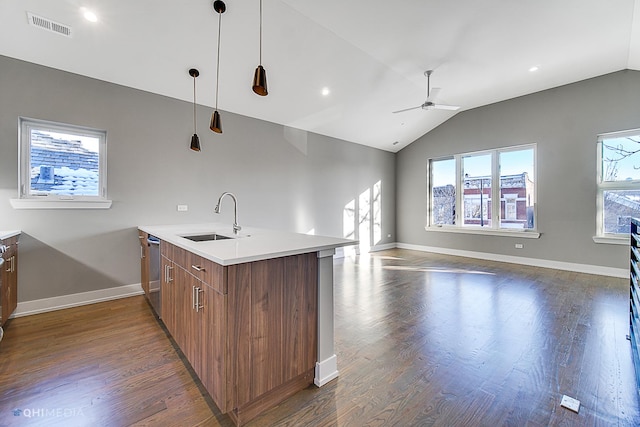 1734 W Cullerton St, Chicago, IL 60608 - kitchen with sink, hanging light fixtures, dark hardwood / wood-style flooring, vaulted ceiling, and stainless steel dishwasher