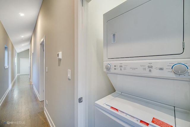 1734 W Cullerton St, Chicago, IL 60608 - laundry room with hardwood / wood-style floors and stacked washer / dryer