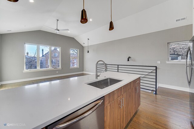 1734 W Cullerton St, Chicago, IL 60608 - kitchen featuring sink, decorative light fixtures, vaulted ceiling, stainless steel dishwasher, and dark hardwood / wood-style flooring