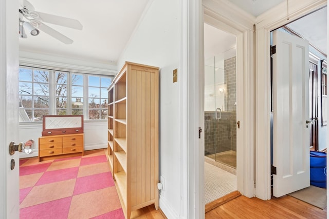 bathroom with ceiling fan, a shower stall, and wood finished floors