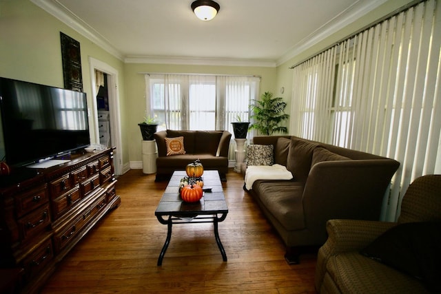 living room featuring wood finished floors and ornamental molding