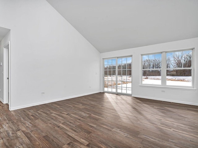 unfurnished room featuring high vaulted ceiling and dark hardwood / wood-style floors