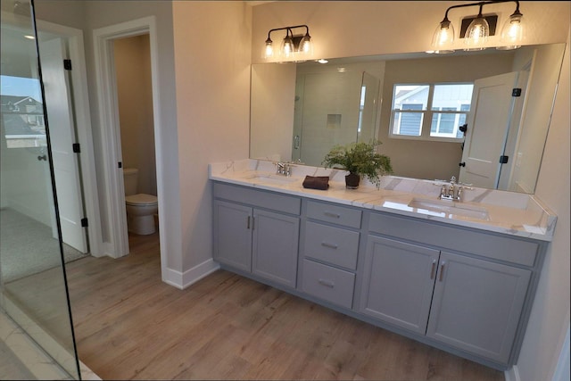 bathroom with toilet, double vanity, a stall shower, wood finished floors, and a sink