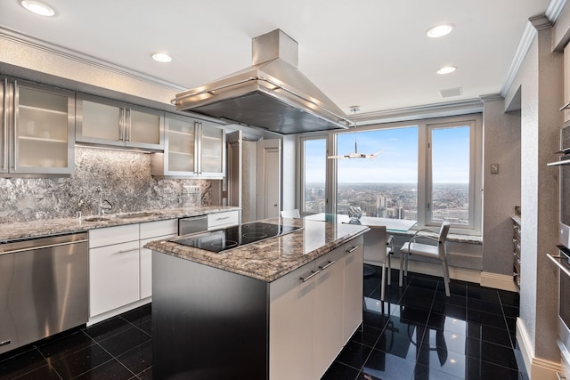 kitchen with dishwasher, island exhaust hood, ornamental molding, a center island, and light stone countertops