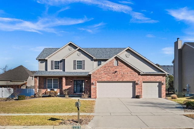 traditional-style home with an attached garage, driveway, brick siding, and a front yard