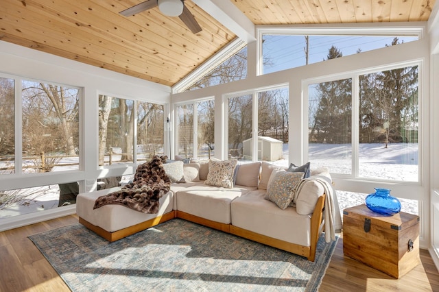 sunroom with lofted ceiling with beams, ceiling fan, and wooden ceiling