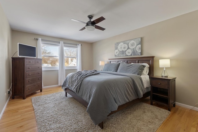 bedroom featuring light wood-type flooring, ceiling fan, and baseboards