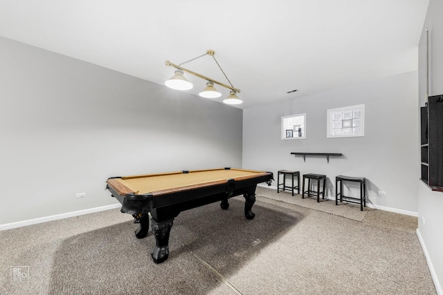 playroom featuring carpet floors, baseboards, and pool table