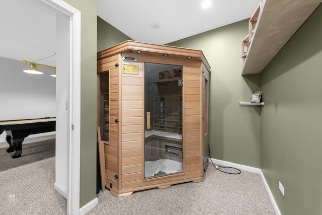 view of sauna / steam room with carpet and baseboards