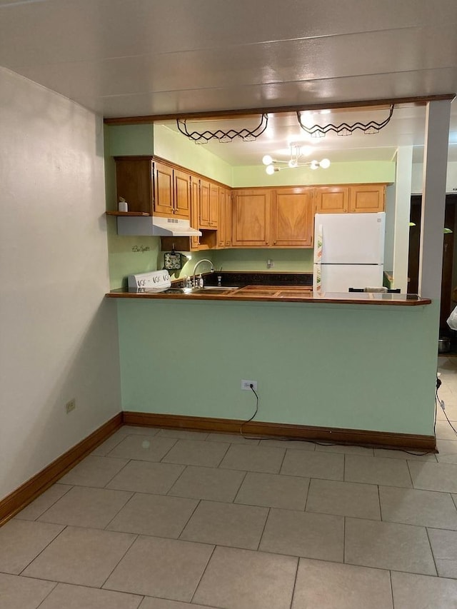 kitchen featuring white refrigerator, sink, and kitchen peninsula