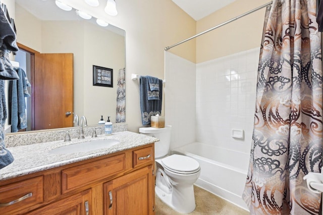 full bathroom with toilet, vanity, and shower / bath combination with curtain