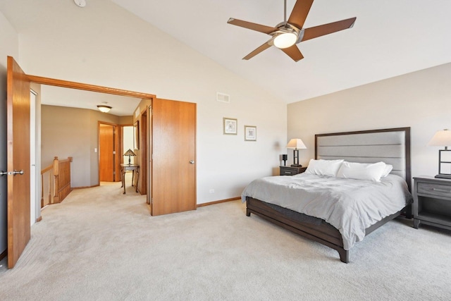 carpeted bedroom with high vaulted ceiling and ceiling fan