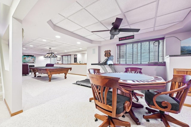 game room with ceiling fan, a drop ceiling, billiards, and carpet