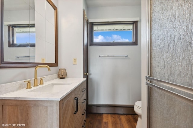 bathroom featuring wood-type flooring, toilet, and vanity