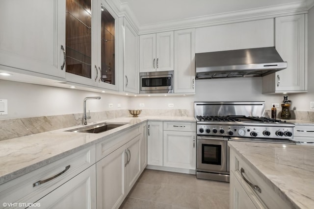 kitchen featuring sink, ventilation hood, stainless steel appliances, light stone countertops, and white cabinets