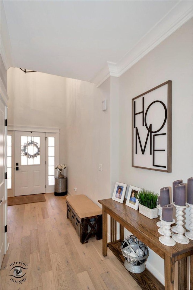 foyer entrance with ornamental molding and light hardwood / wood-style floors