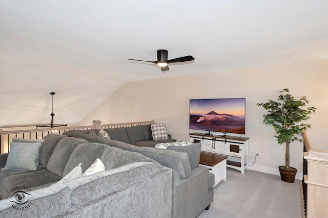 20375 Grosse Point Dr, Frankfort, IL 60423 - living area with carpet, ceiling fan, lofted ceiling, and baseboards