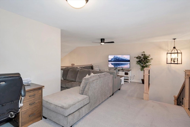 20375 Grosse Point Dr, Frankfort, IL 60423 - living room with light carpet, ceiling fan, a chandelier, and lofted ceiling
