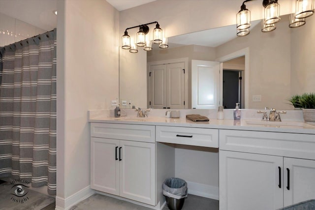 20375 Grosse Point Dr, Frankfort, IL 60423 - bathroom with double vanity, a shower with shower curtain, and baseboards